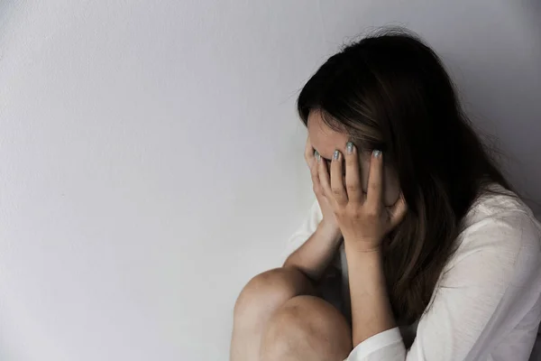 Young Person Woman Sad Stress Loneliness Sitting Dark Room Unhappy — Zdjęcie stockowe
