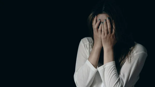 Young Person Woman Sad Stress Loneliness Sitting Dark Room Unhappy — Foto Stock