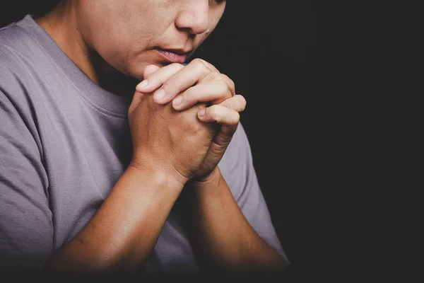 christianity woman catholic hand pray and worship in the church, Hands folded in prayer concept for faith, spirituality and religion, Hands Raised In Worship background.