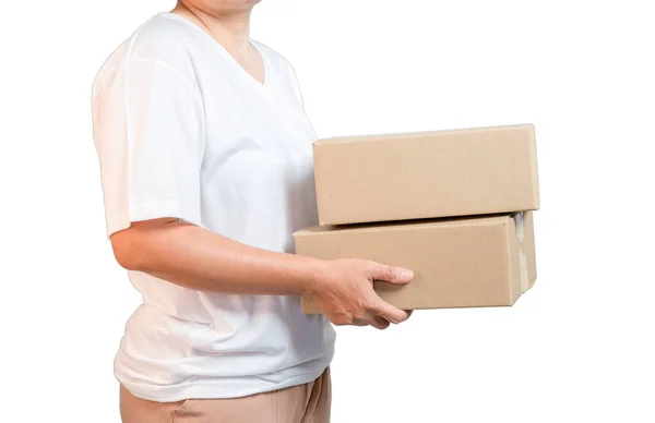 Parcel Cardboard Parcel Box Delivery Woman Person Hands Isolated White — Fotografia de Stock