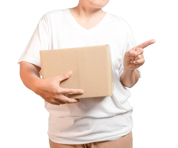 Parcel Cardboard Parcel Box Delivery Woman Person Hands Isolated White — Stockfoto