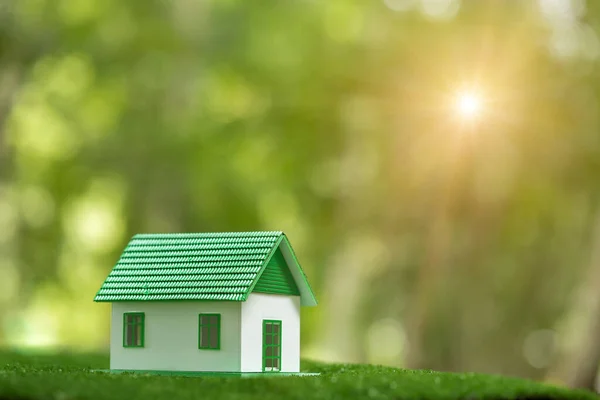 Environmentally eco-friendly real estate house. Small model building property home on grass in green nature ecology. Sustainable energy conservation residential design and sell - rent business concept