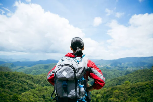 Young person hiking female standing on top rock, Backpack woman looking at beautiful mountain valley at sunlight in summer, Landscape with sport girl, high hills, forest, sky. Travel and tourism.