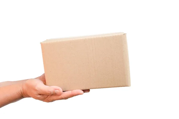 Parcel Cardboard Parcel Box Delivery Woman Person Hands Isolated White ロイヤリティフリーのストック画像