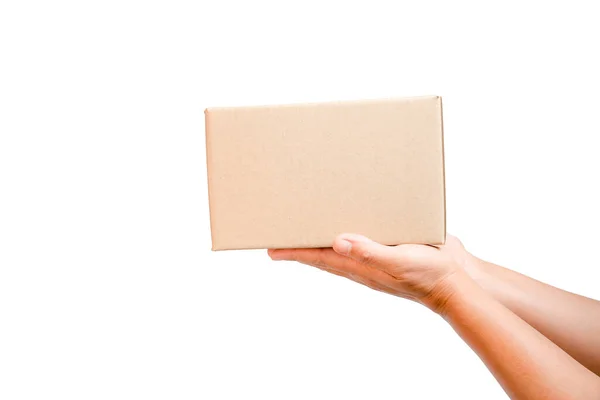 Parcel Cardboard Parcel Box Delivery Woman Person Hands Isolated White Imágenes de stock libres de derechos