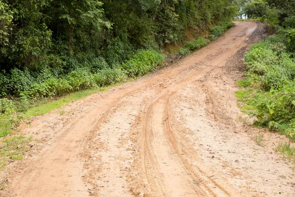 Muddy wet countryside road in Chiang Mai, northern of Thailand. track trail mud road in forest nature rural landscape. brown clay puddle way transport in country