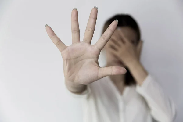 Stop Hurting Woman Young Female Person Raised Her Hand Stop — Foto de Stock