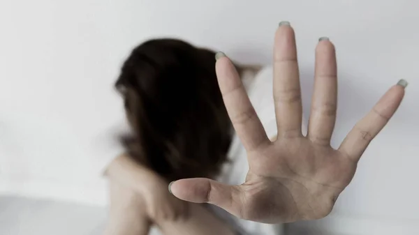 Stop Hurting Woman Young Female Person Raised Her Hand Stop — Stok fotoğraf