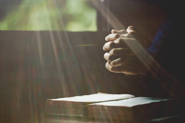 Hand Folded Prayer God Holy Bible Book Church Concept Faith — Zdjęcie stockowe