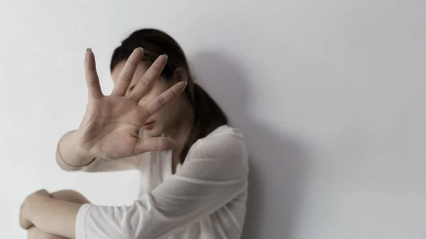 Stop Hurting Woman Young Female Person Raised Her Hand Stop — Stock fotografie