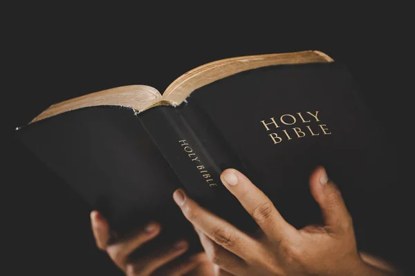 家庭で勉強して聖書を持っている若い女性の手 成人女性クリスチャンは教会で本を読んでいます 女の子は神への祈りで宗教精神性を学ぶ 学生教育の理念 — ストック写真