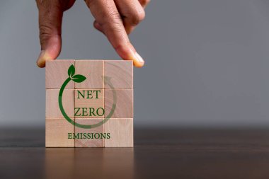 Şirketler net sıfır sera gazı emisyonunu hedefliyor. Karbon kredi konsepti. Endüstriyi düşük emisyon maliyetine yönlendirecek ticari sertifika. Karbondioksiti azaltan tahta küpler
