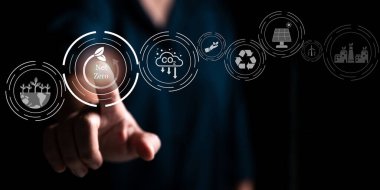 Karbon nötr ve net sıfır kavramı. Sera ve Yenilenebilir Enerji salınımları dairesi. Stratejiler ve hedefler veya küresel ısınmayı 2050 yılına kadar azaltma hedefleri. Yeşil enerji sürdürülebilir ortamdır.