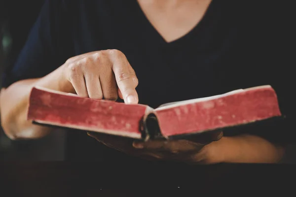 Junge Frau Hält Die Heilige Bibel Der Hand Und Studiert — Stockfoto