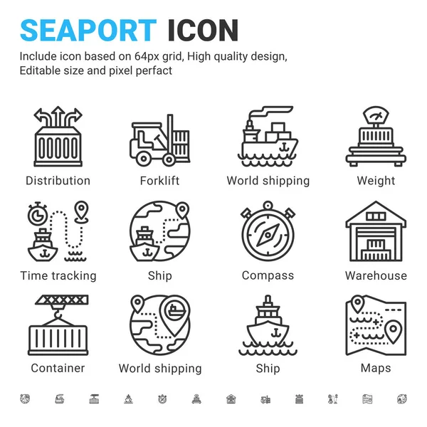 Seaport Icon Set Design Umriss Stil Isoliert Auf Weißem Hintergrund — Stockvektor