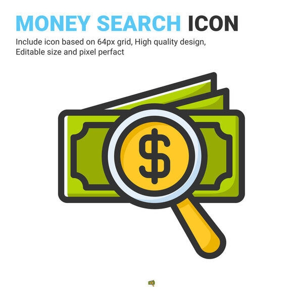 Money search icon vector with outline color style isolated on white background. Vector illustration money sign symbol icon concept for digital business, finance, industry, company, apps and project