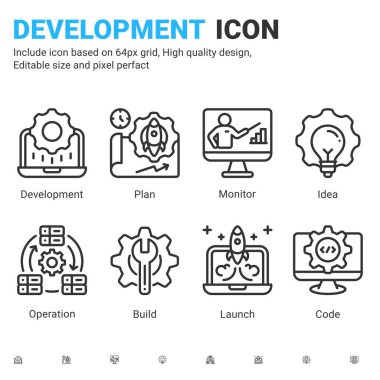 Beyaz arkaplanda izole edilmiş taslak biçimli vektör devops simgeleri. Vector simgesi bilişim işlemleri ve yazılım geliştirme, işletim, yazılım ve teknoloji için sembol kavramı. Düzenlenebilir vuruş