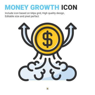 Beyaz arkaplanda izole edilmiş ana hatlı para büyüme ikonu vektörü. İş, finans, endüstri, şirket, web, uygulamalar ve proje için büyüyen işaret simgesi konsepti