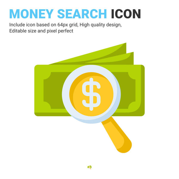Money search icon vector with flat color style isolated on white background. Vector illustration money sign symbol icon concept for digital business, finance, industry, company, apps and project