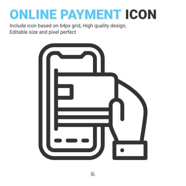 Çevrimiçi ödeme ikonu vektörü beyaz arkaplanda izole edilmiş taslak biçimi ile. Dijital iş, finans, endüstri, uygulamalar, web ve proje için vektör ilüstrasyon mobil bankacılık simgesi simgesi simgesi konsepti