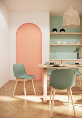 japandi apartment interior background, sweet color dining room with dining table and chairs clipart