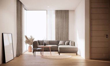 Japonya 'da bir apartman dairesi, geniş pencereli modern İskandinav oturma odası.