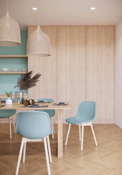 japandi apartment interior background, dining room decarative with wood