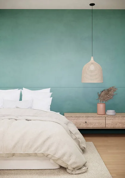 Schlafzimmereinrichtung Japanischen Stil Mit Weißem Bett Grünes Zimmer — Stockfoto
