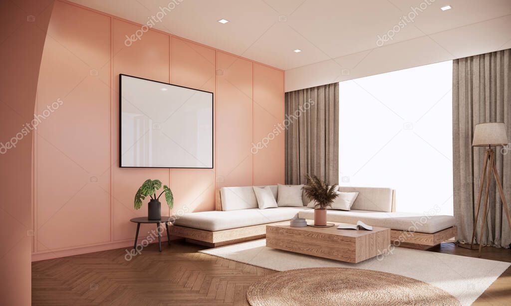 interior of japandi apartment, peach color living room with sofa