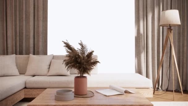 家具や桃の壁と現代日本のリビングルームのインテリア ズームアウトショット ビデオ超Hd 3840X2160 3Dアニメーションアパートメントデザイン — ストック動画