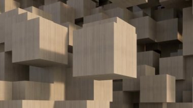 Ahşap küplerden yapılmış soyut arkaplan, yukarı doğru çekim, video ultra HD 4K 3840x2160, 3D animasyon