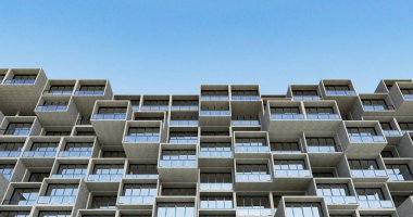 Fütüristik tasarım kavramları, beton bir binanın cephesi, dış tasarım 3D görüntüleme arkaplanı