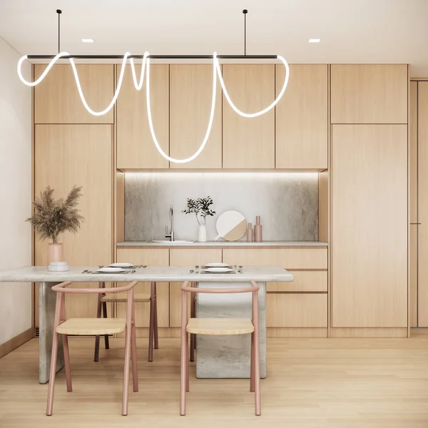 キッチンデザインジャパニ モダン スカンディナヴィアのアパートコンセプト3D背景 — ストック写真