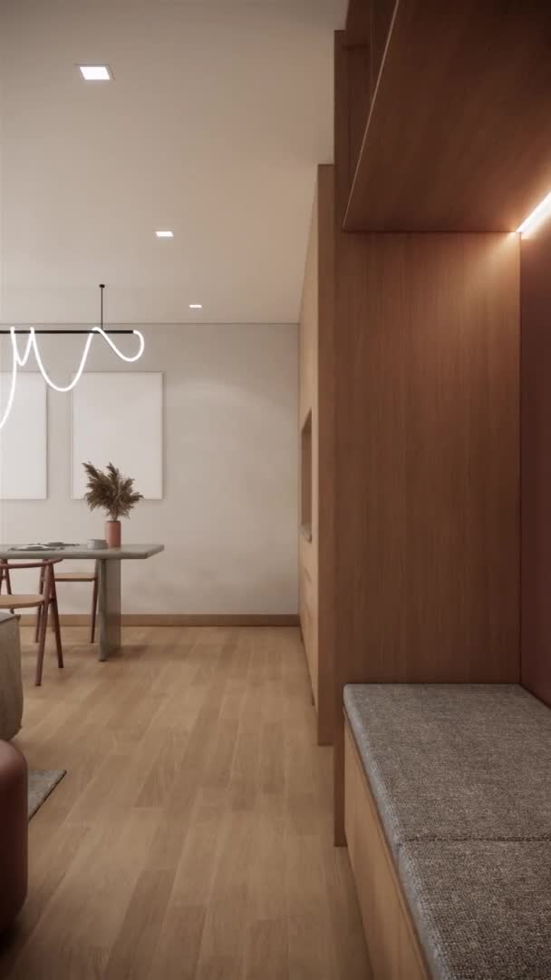 壁に空白の画像フレームとダイニングルームのデザイン 日本の現代的なスカンディナヴィアのアパートのコンセプト 垂直ビデオ4Kアニメーション — ストック動画