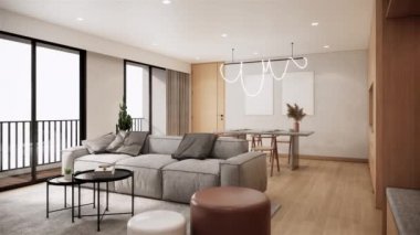 Yemek odası tasarımı, duvarında boş resim çerçeveleri, Japonya modern İskandinav daire konsepti, zoomout video 4k animasyonu