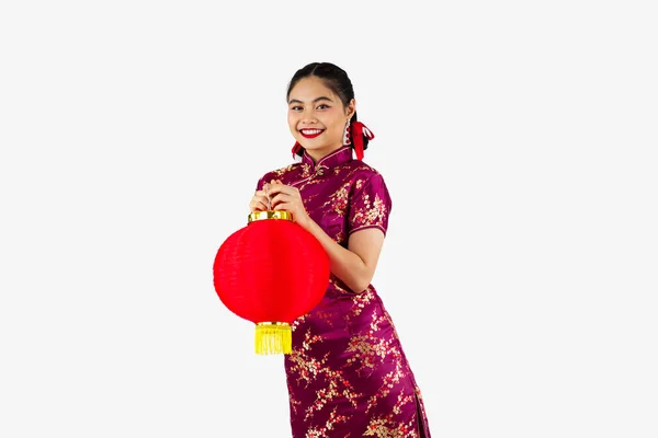 Fille Asiatique Costume Oriental Traditionnel Tenant Lanterne Chinoise Isolée Sur — Photo