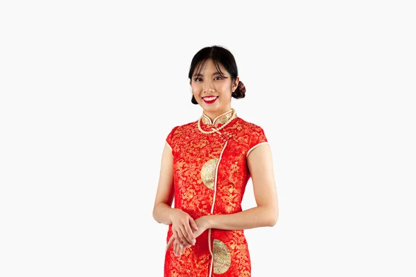 Femme Asiatique Costume Oriental Traditionnel Rouge Isolé Sur Fond Blanc — Photo