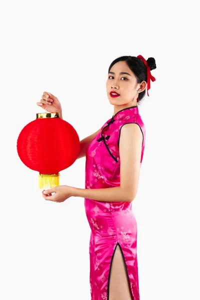 Kinesiska Nyår Kvinna Koncept Isolerad Asiatisk Kvinna Bär Rosa Cheongsam — Stockfoto