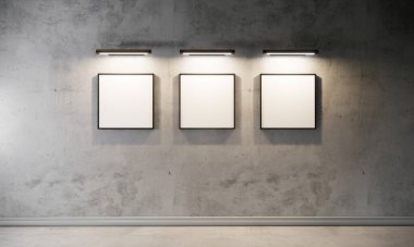 Oturma odasında tavan arası duvarlı poster çerçevesi, iç tasarım 3D görüntüleme arkaplanı, 3D illüstrasyon