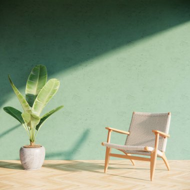 İçinde sandalyeler ve ağaçlar olan modern bir oda. Ahşap zemin ve pastel yeşil duvarlı oda.