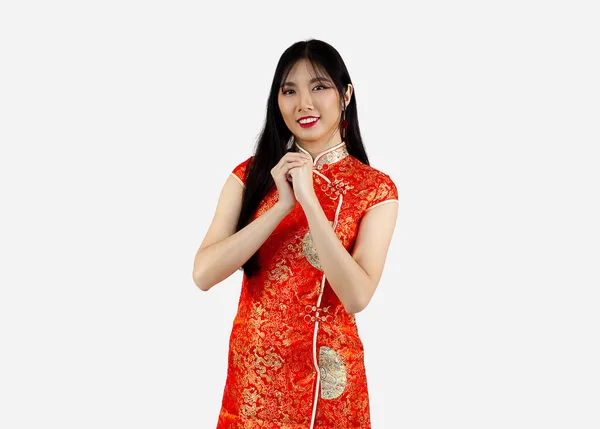 Portrait Une Femme Asiatique Costume Oriental Traditionnel Rouge Avec Des — Photo