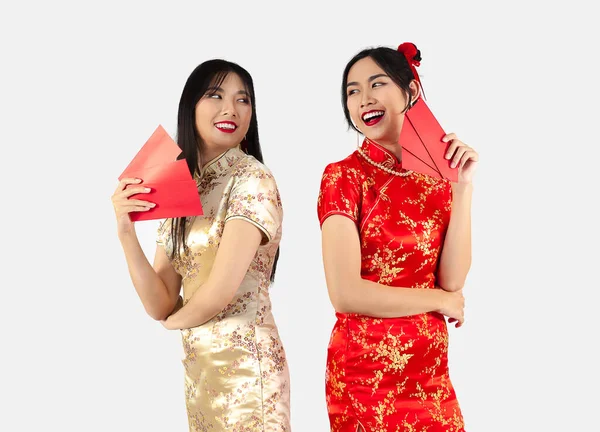 Concept Nouvelle Année Chinoise Deux Femmes Asiatiques Costume Oriental Traditionnel — Photo