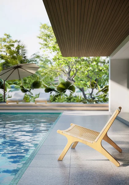 Houten Stoelen Tuin Met Zwembad Illustratie Appartement Ontwerp Concept — Stockfoto