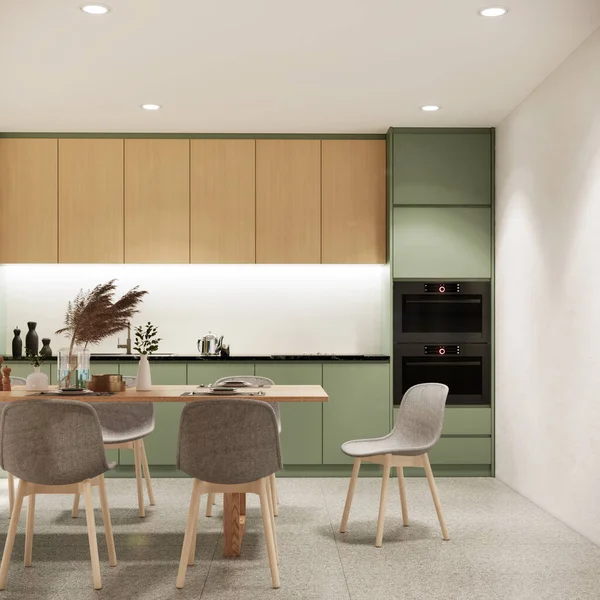 Japandi現代的なスタイルのアパートのインテリア キッチンとダイニングルームのデザイン 3Dレンダリングの背景 — ストック写真