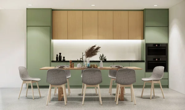 日本の現代的な北欧スタイルのアパートのインテリア キッチンとダイニングルームのデザイン 3D背景 — ストック写真