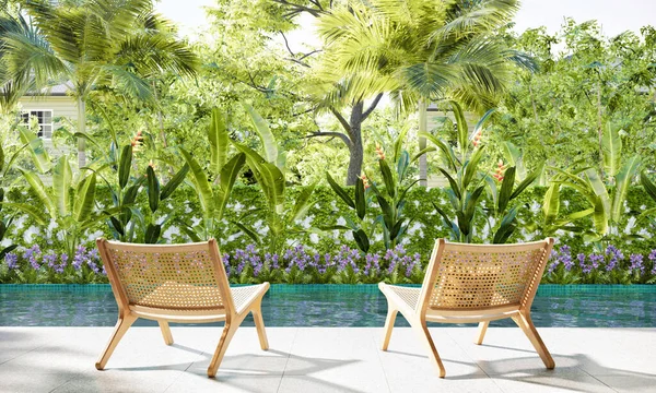 Holzstühle Garten Mit Schwimmbad Rendering Illustration Wohnungsdesign Konzept — Stockfoto