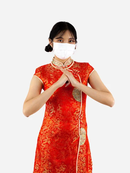 Nouvel Chinois Concept Femme Femme Asiatique Costume Cheongsam Rouge Porter — Photo