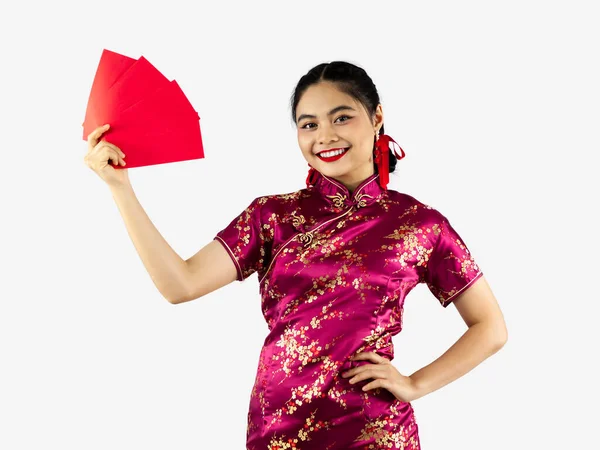 Concept Nouvel Chinois Fille Asiatique Isolée Portant Une Robe Rouge — Photo
