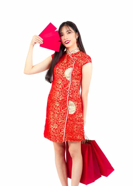 Nouvel Chinois Dans Concept Shopping Femme Asiatique Souriant Tenant Enveloppes — Photo