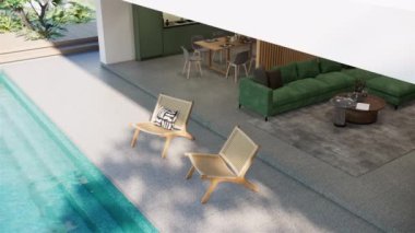 Mobilyaları ve yüzme havuzu olan modern Japon apartmanının içinde. Çağdaş biçim, 4k video animasyonunu aşağı eğ